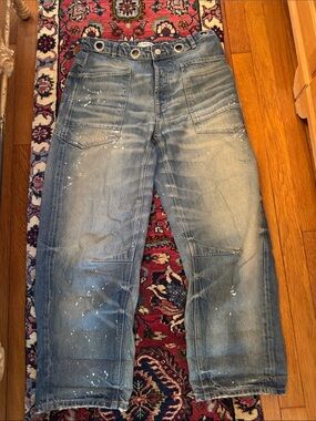 Free People Moxi Distressed Blue Washed Boyfriend Jeans with Paint Splatter